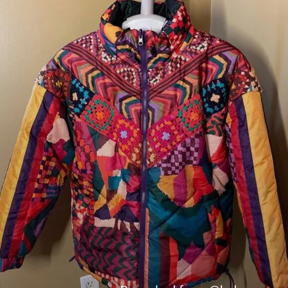 FARM Rio Reversible Patchwork Puffer Jacket with Crochet - Picture 1 of 10